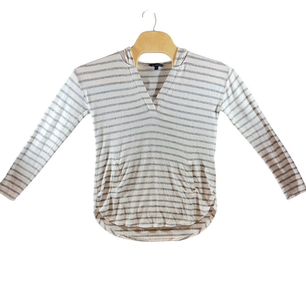 417 | Banana Republic Luxe Womens Small Striped V-Neck Knit Hoodie White Gray